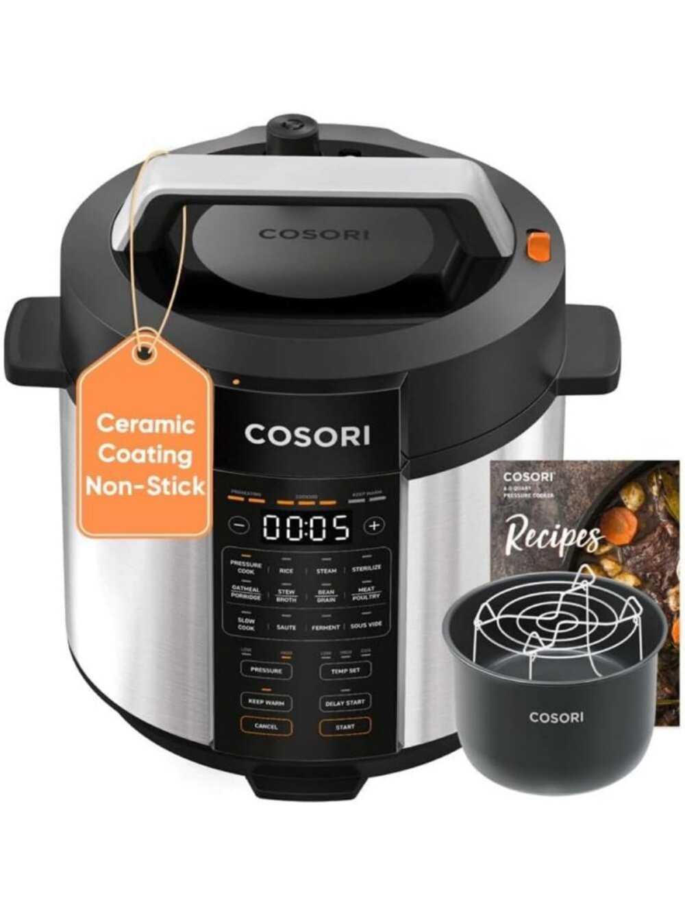 6QT 9-in-1 Pressure Cooker with Ceramic Coating & 12 Safety Features - Versatile